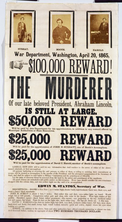 Manifesto del Dipartimento della Guerra di Washington che annuncia una ricompensa di $100.000 per trovare l