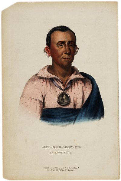 Wat-Che-Mon-Ne, capo Ioway, stampa realizzata da J. T. Bowen, illustrazione da The History of the Indian Tribes of North America di Thomas L. McKenney e James Hall, c.1842-70 da American School
