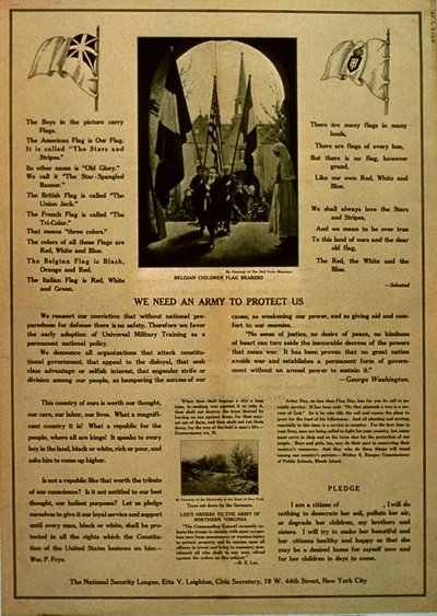 Abbiamo bisogno di un esercito per proteggerci, opuscolo di propaganda della National Security League, c.1914-18 da American School