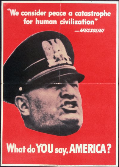 "Cosa DICI TU AMERICA?", Poster della Seconda Guerra Mondiale degli Stati Uniti con il volto di Mussolini, Anon, c.1942 da American School