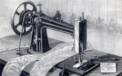 Macchina da cucire Wilson, con trasmissione a cinghia dal pedale e oliera, da Park Benjamin Appletons Cyclopedia of Applied Machines, pubblicato 1880 da American School