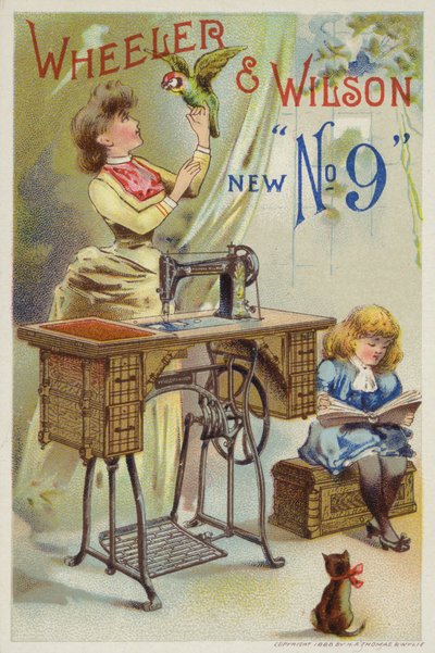 Donna con pappagallo accanto alla macchina da cucire da American School