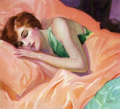 Donna che dorme su lenzuola color pesca da American School