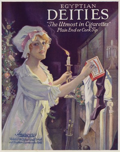 Donna che ripone le sigarette in una calza natalizia, scongiuro per le sigarette delle divinità egizie (litografia a colori) da American School