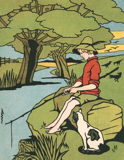 Ragazzo che pesca in un fiume con il suo gatto da American School