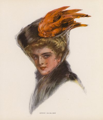 Giovane donna che indossa un cappello con piume arancioni da American School
