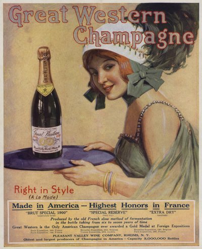 Giovane donna con una bottiglia di Champagne, pubblicità del Great Western Champagne (litografia a colori) da American School