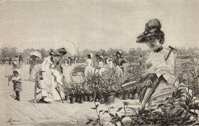 Donne che camminano a Brera, Milano, Italia, incisione dal dipinto Maggio di Amerino Cagnoni (1853-1923) da Amerino Cagnoni