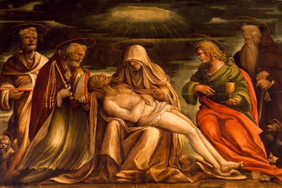 Pietà tra i Santi Marco, Ambrogio, Giovanni Evangelista e Antonio Abate, tempera su tela da Amico Aspertini