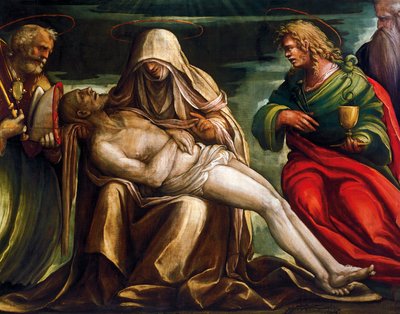 Pietà con San Marco, Ambrogio, Giovanni Evangelista, Santo e Antonio Abate, circa 1519 da Amico Aspertini