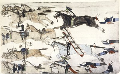 Battaglia di Little Big Horn 25-26 giugno 1876. Ritirata dei battaglioni del 7° Cavalleggeri USA al comando del maggiore Marcus Reno. Dipinto di Amos Bad Heart Buffalo (Sioux), 1900 ca. da Amos Bad Heart Buffalo