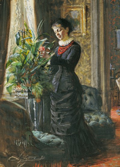 Ritratto di Fru Lisen Samson, nata Hirsch, che sistema fiori a una finestra, 1881 da Anders Leonard Zorn