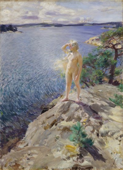 Sui massi, giovane donna nuda che scruta l