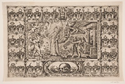 Sophie Brockenhuus e quattro geni, circondati da stemmi. Da un sermone funebre da Anders Ottesen
