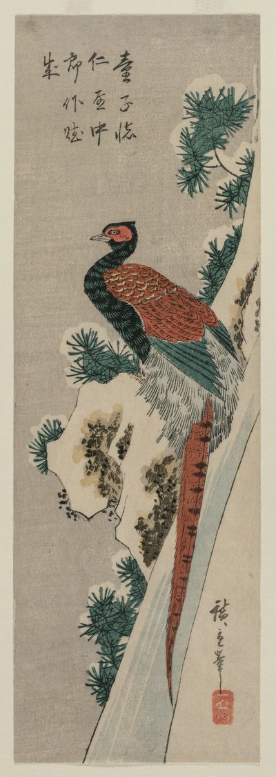 Fagiano di rame presso una cascata innevata, fine anni 1830 o inizio anni 1840 da Ando Hiroshige