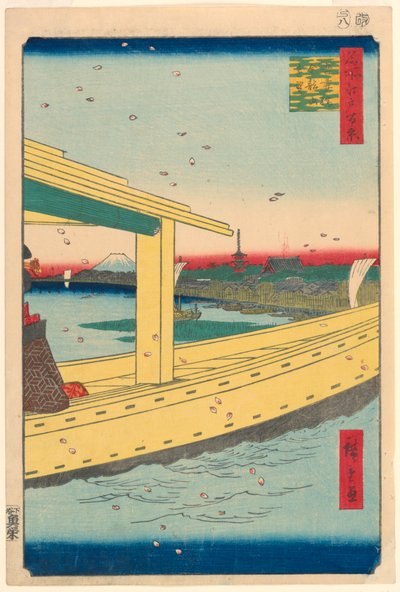 Vista Distante del Tempio Kinryuzan dal Ponte Azuma (Azuma-bashi, Kinryuzan embo) No.39 dalla Serie Cento Famosi Vedute di Edo da Ando Hiroshige