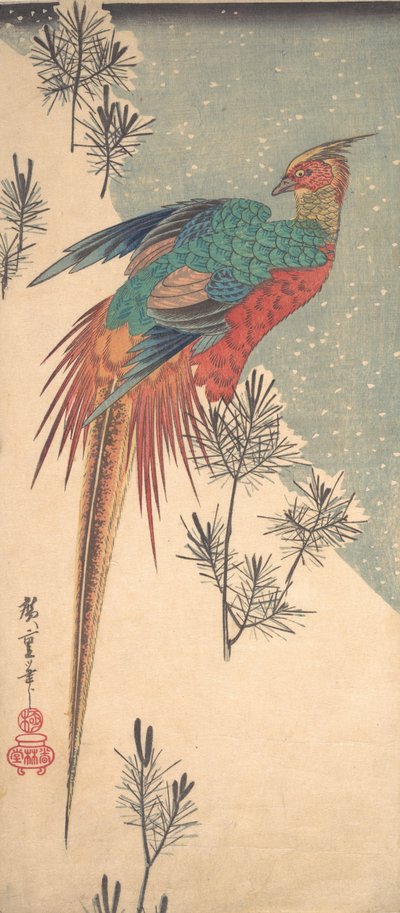 Fagiano dorato e germogli di pino nella neve, ca. 1835 da Ando Hiroshige