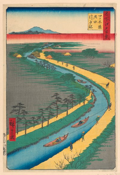 Traino di barche sul canale, strada Yotsugi (Yotsugi-dori, yosui hikifune) dalla serie Cento famosi vedute di Edo da Ando Hiroshige