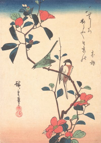 Occhio bianco giapponese e cincia su un ramo di camelia da Ando Hiroshige