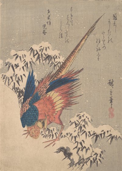 Fagiano tra bambù carichi di neve sulla collina da Ando Hiroshige