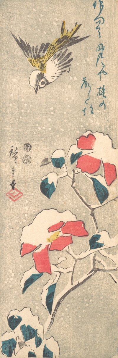 Passero e camelia coperta di neve Tsubaki, ca. 1845 da Ando Hiroshige