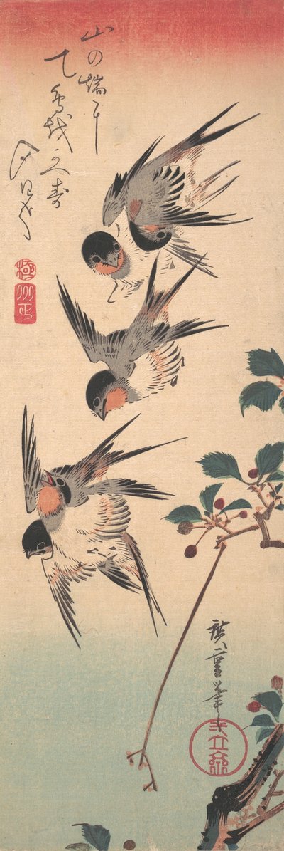 Rondini e ciliegio selvatico in fiore, ca. 1835 da Ando Hiroshige