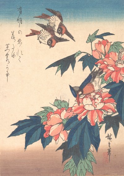 Rondini e martin pescatore con ibischi, ca. 1838 da Ando Hiroshige