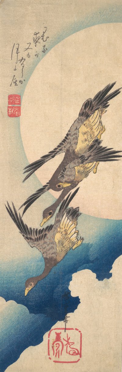 Oche selvatiche che volano sotto la luna piena da Ando Hiroshige