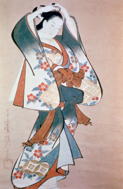 Bellezza in piedi che si sistema i capelli, c. 1714 da Ando Kaigetsudo