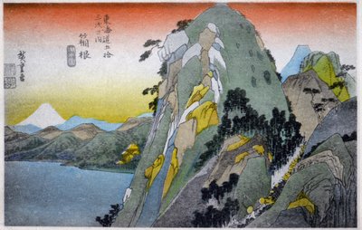 Geografia. Giappone. Lago Hakone (10ª stazione). Xilografia di Hiroshige in: Cinquantatré Stazioni del Tokaido (1833-1834). Cartolina, Giappone, c.1900 da Ando or Utagawa (after) Hiroshige