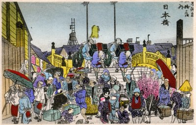 Geografia. Giappone. Il bagliore del mattino al Nihonbashi (1ª stazione). Xilografia di Hiroshige in: Cinquantatré stazioni del Tokaido (1833-1834). Cartolina, Giappone, c.1900 da Ando or Utagawa (after) Hiroshige