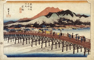 Figure che attraversano il ponte da Ando or Utagawa Hiroshige