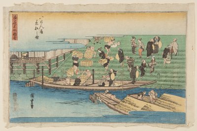 Barche attraccate a Hachikenya (Hachikenya chakusen no zu) (stampa xilografica a colori) da Ando or Utagawa Hiroshige
