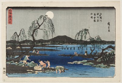 Pesca di Ayu nel fiume Tama sotto la luna d