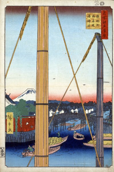 Cento vedute celebri di Edo: il ponte Inari e il tempio Minato a Teppozu da Ando or Utagawa Hiroshige