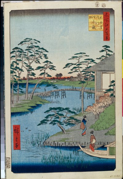 Cento vedute famose di Edo: Tempio Mokuboji e campi di verdure sull