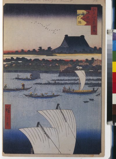 Cento vedute famose di Edo: Teppozu e Tempio Tsukiji Monzeki da Ando or Utagawa Hiroshige