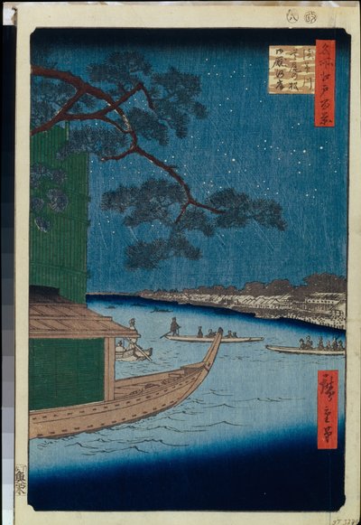 Cento vedute famose di Edo: Il "Pino del Successo" e Oumayagashi sul fiume Asakusa da Ando or Utagawa Hiroshige