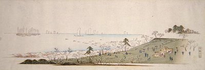 Tempo di fioritura dei ciliegi, persone che fanno picnic a Gotenyama da Ando or Utagawa Hiroshige