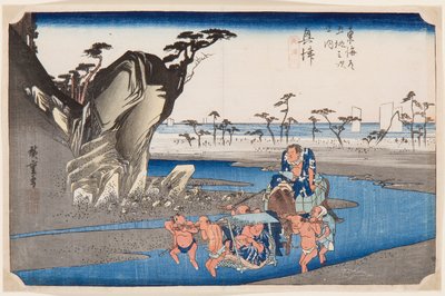 Due lottatori attraversano il fiume Okitsu vicino a Okitsu da Ando or Utagawa Hiroshige