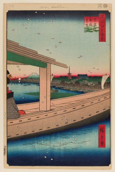 Vista distante del Tempio Kinryuzan e del Ponte Azuma (Azumabashi Kinryuzan Enbo) da Ando or Utagawa Hiroshige