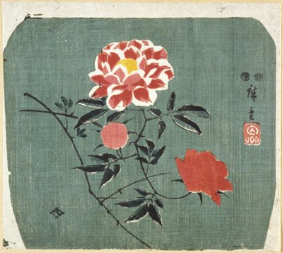 Stampa di ventaglio: Rosa da Ando or Utagawa Hiroshige