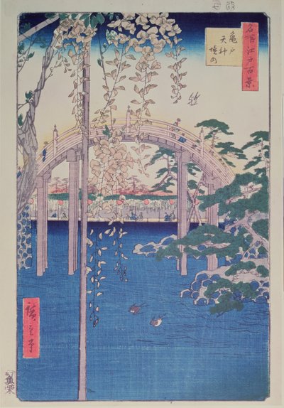 Ponte pedonale sul fiume con glicine in primo piano in piena fioritura da Ando or Utagawa Hiroshige