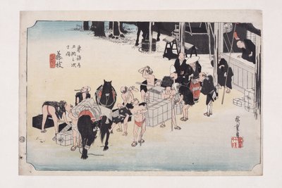 Fujieda: Cambio di portatori e cavalli da Ando or Utagawa Hiroshige