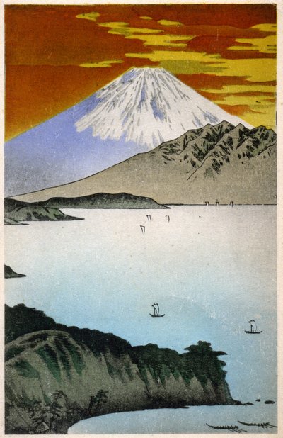 Geografia. Giappone. Alba sul Monte Fuji. Xilografia di Hiroshige in: Cinquantatré stazioni del Tokaido (1833-1834). Cartolina, Giappone, c.1900 da Ando or Utagawa Hiroshige