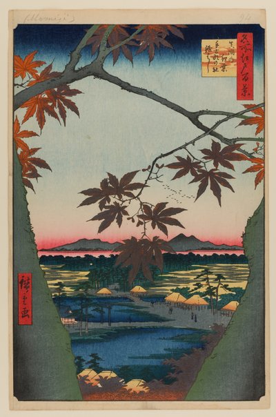 Alberi di acero a Mama, santuario di Tekona e ponte collegato da Ando or Utagawa Hiroshige