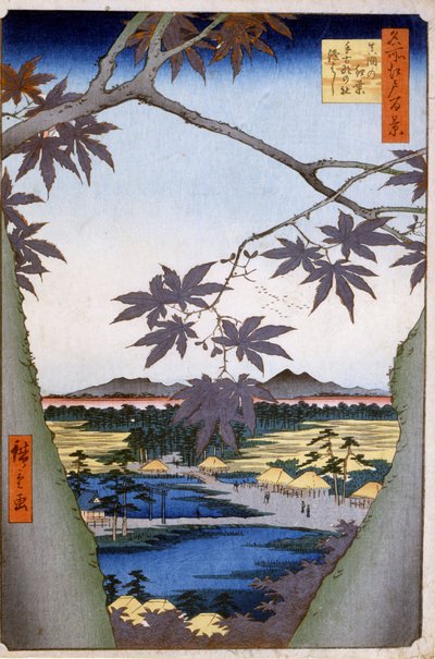 Aceri a Mama con il Tempio di Tekona e il Ponte Tsugi. 1857. Stampe di Katsushika (Utagawa) Hiroshige (1797-1858). da Ando or Utagawa Hiroshige