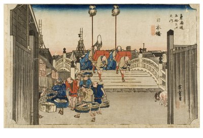 Nihonbashi: vista mattutina dalla serie Le cinquantatré stazioni del Tokaido da Ando or Utagawa Hiroshige