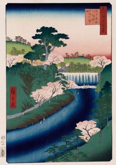 Diga del fiume Otonashi, Oji, popolarmente chiamata Grande Cascata, dalla serie Cento vedute di luoghi famosi di Edo da Ando or Utagawa Hiroshige