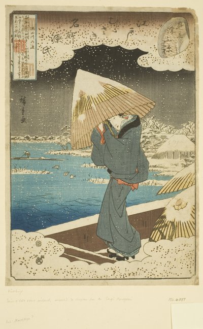 Parodia del capitolo Ukifune: Traghetto sul fiume Sumida (stampa xilografica a colori) da Ando or Utagawa Hiroshige